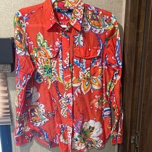 Ralph Lauren Silk-Cotton Shirt | M | Bold Abstract Floral Print